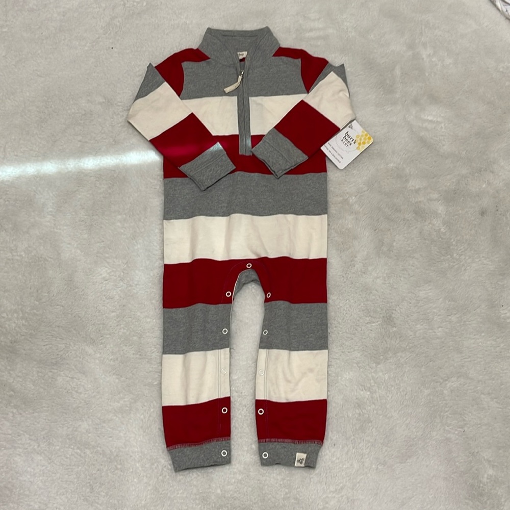 🆕 Burt’s Bee Baby Striped Red & Cream long-sleeved jumpsuit